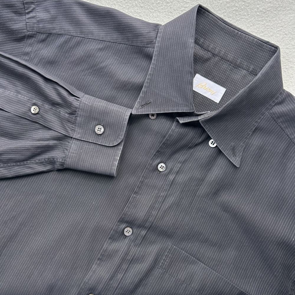 Brioni Mens Gray Vertical Stripe Button Up Dress Shirt Made in Italy Size 4